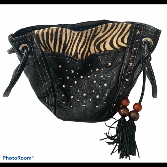 Sharif leather bag black fringe beads zebra stud - Picture 2 of 5